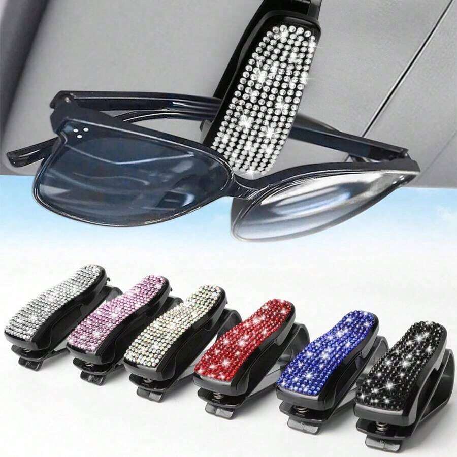 1pc Artificial Rhinestones Car Glasses Holder With Ticket Card Clip For Car Interior Accessories - Sun Visor Sunglasses Hanger - Multicolor - 查看 1