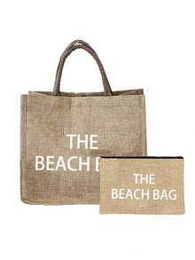大容量亚麻手提袋，饰有“沙滩包”字母图案，便携式超大购物袋，多功能收纳袋，休闲亚麻包，轻便购物袋，附赠便携式旅行化妆包、沙滩包、简约零钱包、洗漱包，适合通勤、购物、旅行，新年礼物、情人节礼物 - 彩色 - 查看 15