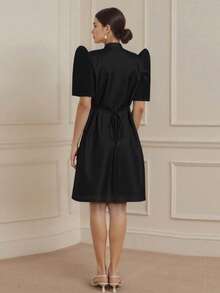 Amyenjoylife 现代菲律宾传统服饰，优雅喇叭袖连衣裙，秋季优雅立领印花泡泡袖连衣裙，现代菲律宾传统服饰 - 黑色 - 查看 5