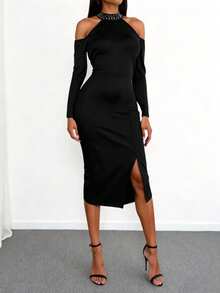 Solid Color Elegant Party Slit Rhinestone Embellished Dress, Suitable For Evening Date, Office Wear - Black - View 2