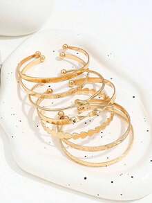 7pcs Set Exaggerated Personalized Hammered Hexagram Twist Open Bangle Bracelet Set, Suitable Daily Wear, - Vàng 5 - Xem 7