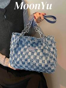 Sac fourre-tout pour femmes, sac à bandoulière en canevas à carreaux bleus, sac à main souple de grande capacité, mode et minimaliste, convient pour le shopping et les déplacements - Bleu azur - Voir 2