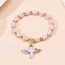 1pc Creative Fashion Acrylic Bead Wing Cross Bracelet, Oil Drop Angel Cross Beaded Elastic Bracelet - Cross - View 11