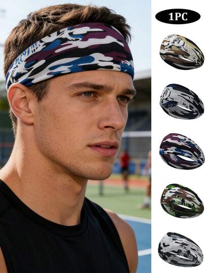 1 st. modernt kamouflagehårband för män, brett fram och smalt bak, vävt sporthårband, snabbtorkande svettband, lämplig för utomhuslöpning, cykling, basket, fotboll, tennis, badminton och andra sporter