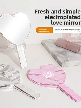 Handheld Makeup Mirror, Love Electroplated Mirror, Portable, For Girls, Handheld, Exquisite And Cute Makeup Mirror