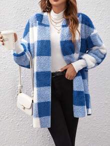 Plaid Color Block Cardigan Moda Suéter Mujeres Cárdigan oversize de estilo europeo y americano con estampado de cuadros en bloques de color y ribete de piel Prenda de punto de moda para mujer Cárdigan de lana con capucha, solapas grandes y estampado de cuadros en bloques de color Estilo informal y holgado Silueta cálida y favorecedora - Azul - Ver 3