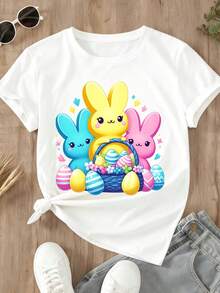 Cute Easter Bunny T-Shirt Colorful Bunnies And Eggs Print For Spring Festival Party,Women's T-Shirts, Women's Easter T-Shirts, Made Of Low-Elasticity Pure Cotton Fabric, Comfortable To Wear, Suitable For Spring, Summer, Autumn And Winter, And The Best Choice For Gifts (S-4XL). - 白色 - 查看 2