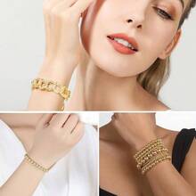 6 PACK 24 PCS Boho Gold Chain Bracelets Set Women, 14K Gold Plated Multiple Layered Stackable Open Cuff Wrap Bangle Adjustable Link Italian Cuban Jewelry Women - 28pcs Gold Chain - View 3