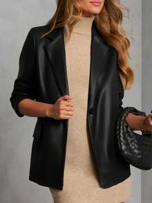 conciso Abrigo de mujer de piel de PU con hombros anchos, bolsillos con solapa, solapa y un solo botón, blazer casual de primavera - Negro - Ver 2