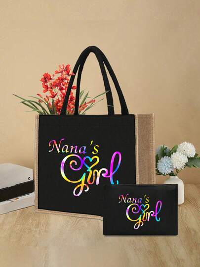 2pcs/Set Printed With The "Nana's Girl" Pattern Tote Bag Set:Beach Bag,Lightweight Shopping Bag With Mini Coin Purse,Colorful Letter Print,Mother's Day Gift,Travel Makeup Bag: Very Suitable For Outdoor Beauty! It Is A Great Gift, Suitable For Mothers, Teachers,Friends, Portable Leisure Storage Handbags,Sports Decoration Bag, Gift Bag,Cosmetic Bag,Teacher'S Day Gift, Reusable Makeup Bag