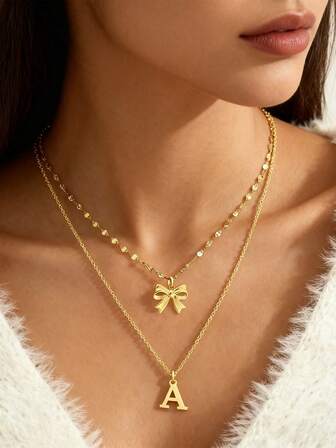 2Pcs/Set Classic Gold Color Initial Bow Pendants Lip Chain Choker Stainless Steel Layered Chain Necklaces For Women Valentines,Mom,Mother,Mother's Day,Gift