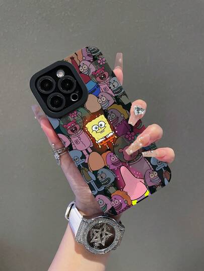 SPONGEBOB 1个卡通创意趣味海绵宝宝和丑鱼一家图案竖条纹手机壳，适用于三星/苹果17/16/15/14/13/12/11Pro Max/12Pro/14Plus等型号