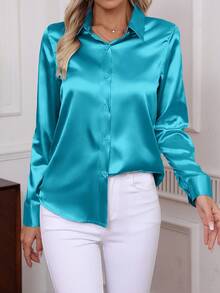 Áo sơ mi dài tay cài cúc màu trơn thanh lịch mới năm 2026, kiểu dáng cổ điển dành cho nữ công sở mùa xuân. - Màu xanh Cadet - Xem 1