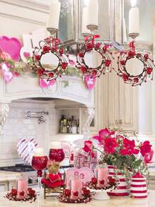 MEHELANY 1pc Valentine's Day Candle Wreath, Red Heart-Shaped Berry Candle Holder Wreath, Red Berry Candle Wreath Mini Floral Wreath, Large, Suitable For Valentine's Day, Wedding, Window, Dining Table Center Decor, Room Decor, Window, Fireplace Mantel, Door - Multicolor - View 3