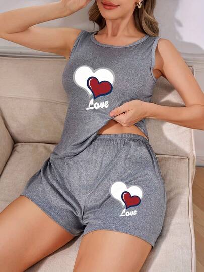 2pcs Women Heart Print Minimalist Camisole & Shorts Pajama Set, Sleepwear