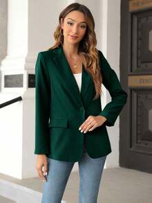 Women's Casual Open Front Blazer Long Sleeve Work Office Suit Jacket - 墨綠色 - 查看 2