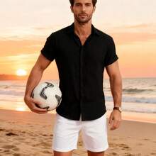 ¡RecomendadoCamisa de Punto con Botones,Camiseta Casual con Botones Transpirable,Camisa de Playa de Verano de Lino Texturizado a la Moda para Hombre¡Top de Temporada - Azul marino - Ver 2