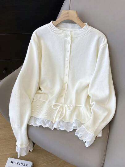 JIANHU 纯色抽绳针织开衫 - 秋冬圆领纽扣开襟，撞色蕾丝荷叶边下摆 | 舒适咖啡约会和圣诞派对 | 保暖百搭，适合圣诞节、新年派对和日常穿着