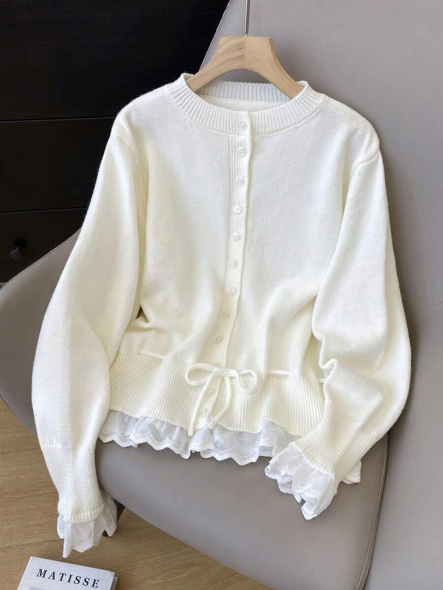 JIANHU Solid Color Drawstring Knit Cardigan - Fall/Winter Round Neck Button-Up With Contrast Lace Peplum Hem | Cozy Coffee Date & Christmas Party | Warm And Versatile For Christmas, New Year Party & Daily White - White - View 1