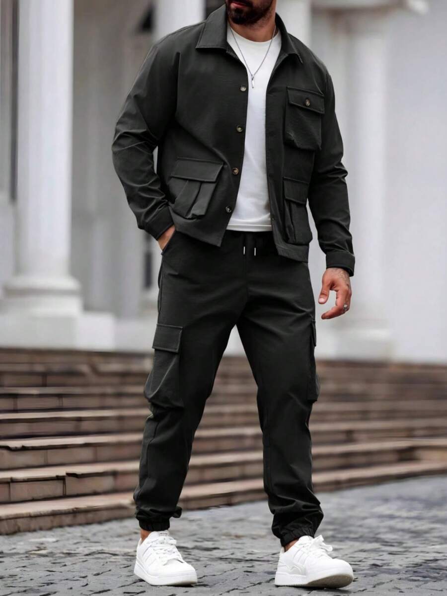 Autumn American Vintage Heavyweight Men's Utility Jacket & Cargo Pants Outfit, Rugged Style - Black - View 1