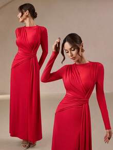 Women's Elegant & Gentle Round Neck Long Evening Dress - With Tie Waist Belt, Suitable For Party Dress, Formal Dinner And Romantic Valentine's Day New Year Wear - Red - View 1