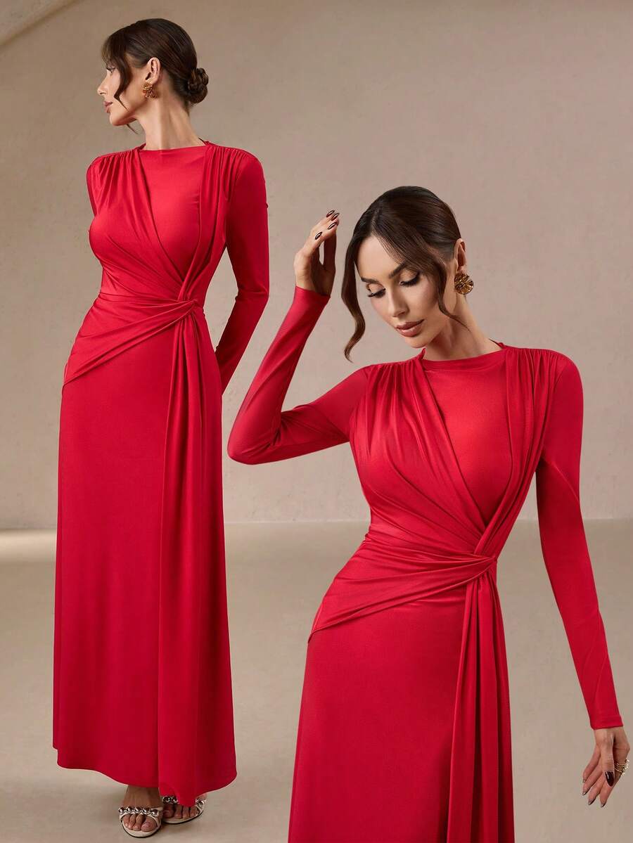 Women's Elegant & Gentle Round Neck Long Evening Dress - With Tie Waist Belt, Suitable For Party Dress, Formal Dinner And Romantic Valentine's Day New Year Wear - Red - View 1