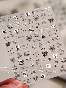1pc 5D Metallic Silver Bear & Star Nail Art Sticker, DIY Self-Adhesive Slider Nail Polish Sticker