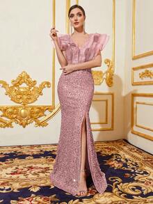 Faeriesty Đầm dạ hội dài thanh lịch cổ bèo nhún dành cho nữ - Xẻ tà đuôi cá, chất liệu sequin lấp lánh, dáng ôm sát | Hoàn hảo cho các buổi dạ tiệc trang trọng và đám cưới | Kết hợp với trang sức nổi bật và giày cao gót để có vẻ ngoài hoàn hảo cho kỳ nghỉ hè. - Hồng - Xem 3