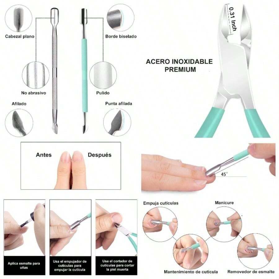 Cortador y empujador de Cutcula profesional, Removedor de Cutculas, alicate, raspador y pulidor de uas, Cortador de piel muerta, Herramientas de Manicure y Pedicure Negro - Azul - Ver 1