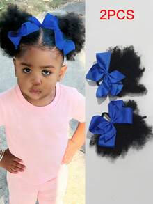 儿童柔软马尾辫，带弹性蝴蝶结夹，非洲卷曲马利马尾辫，2条装 - 自然黑 - 查看 7