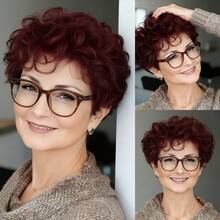 时尚精灵短发刘海人发假发，1B色、4#棕色、99J酒红色，蓬松卷曲波浪发型，层次感水波纹，巴西原生发，无胶假发，完美适用于日常佩戴、派对、圣诞节、节日庆典和韩流造型。 - 彩色 - 查看 4