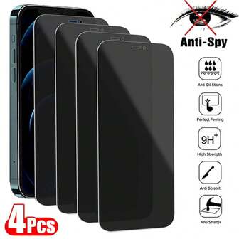 4 piezas de protector de pantalla de vidrio templado anti espía compatible con iPhone 17, 16, 15, 14, 13, 12, 11 Pro Max, XR, X, XS Max, 7, 8 Plus. Protector de pantalla de privacidad esencial para uso diario, oficina y hogar. Resistente al agua, a los golpes, a las caídas y a los arañazos.