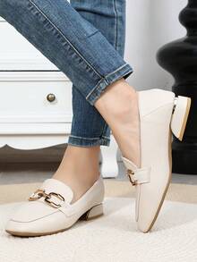 Mocasines de mujer con punta cuadrada, tacón grueso de metal, sin cordones, zapatos de trabajo, nuevos para primavera/otoño 2026, suela plana y suave, tallas grandes - Beis - Ver 2