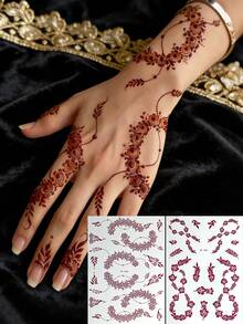 2pcs Red & Brown Henna Mandala Floral Lace Design Sexy Body Art Temporary Tattoo Stickers, Suitable For Hands, Arms, Back, Festivals, Parties, Daily Wear - Brown - View 2