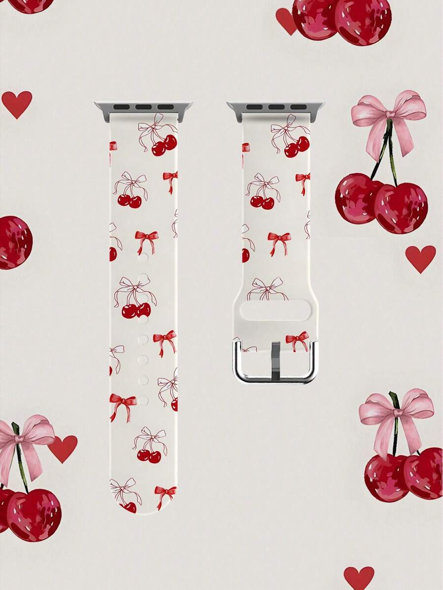 1条柔软弹力透气蝴蝶结樱桃表带，适用于三星、佳明、荣耀智能手表，尺寸可选38mm、40mm、41mm、45mm、44mm、42mm、46mm、49mm；时尚休闲硅胶表带，适用于苹果手表Ultra系列SE/11/10/9/8/7/6/5/4/3/2/1 - 彩色 - 查看 1