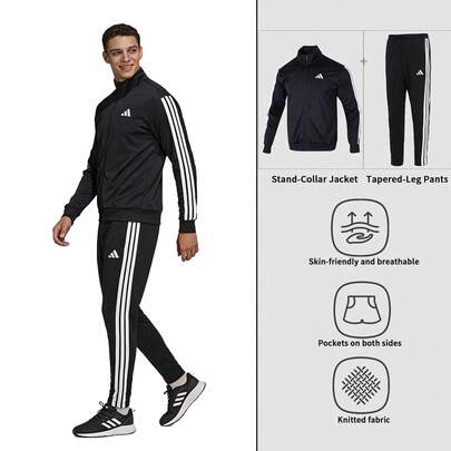 Adidas [Men's Sports Suit] M 3S TR TT Jacket Stand Collar Knit Cardigan + M 3S SJ TO PT Long Knit Tapered Sports Pants For Training And Running