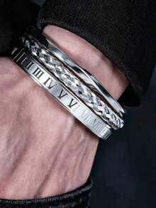 3pcs/Set Vintage Open Twist Mobius Bangle, Stainless Steel Roman Numeral Braided Bracelet Set, Men's Fashion Accessories - Multicolor - View 2