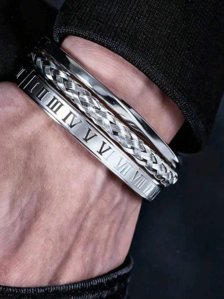 3件套复古开口扭纹莫比乌斯手镯，不锈钢罗马数字编织手链套装，男士时尚配饰 - 彩色 - 查看 1