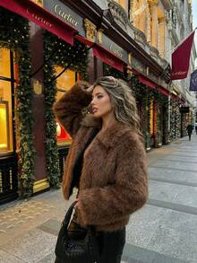 Perirose Women's Brown Old Money Faux Fur Jacket, Plush Long Sleeve Zip Front Cropped Coat, Fall Winter Elegant Streetwear Holiday Going Out - Brown - View 7