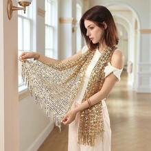 1pc Vintage Sequin Tassel Hollow Shawl / Versatile Long Scarf Shawl / Women's Fashion European And American  Decorative Scarf / Bridal Shawl / Beach Scarf / All-Season Wear - 金色 - 查看 5
