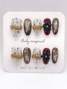 10片棕色按压式美甲贴片，短款方形和椭圆形法式美甲，手工制作，饰有闪粉和花朵，人造全覆盖甲片，适合女性和女孩，手工美甲配件 - 彩色 - 查看 7