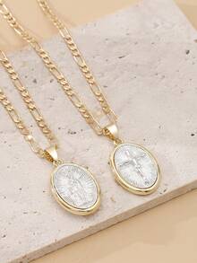 1pc 14K Gold Plated Double-Sided Embossed Guadalupe Virgin Mary Jesus Cross Pendant Necklace, Suitable For Daily Wear, Christian Religious Jewelry, Luxury Gift - Gold - View 8