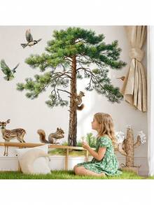 BRUP 1/2/3 Blatt/Set (Große Größe) Wald Tier Wandaufkleber mit Kiefer Baum und süßen Tieren, abnehmbare Tier Aufkleber zum Aufkleben für Badezimmer, Wohnzimmer, Kinderzimmer, Babyzimmer Dekoration, verspieltes Waldthema Kunst - Verschiedenfarbig - Übersicht 11