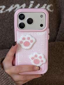 1个可爱卡通毛绒猫爪3D立体皮革格子手机壳，兼容 17 Pro Max、17 Pro Air、16、15、14、13 Pro Max，动物图案柔软后盖，磨砂质感，礼品装 - 粉色 - 查看 3