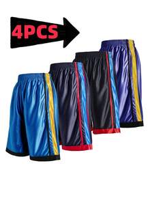 4PCS Men's Basketball Shorts Color Block Dazzle - Elastic Waistband - 9.5 Inch Inseam - Drawcord Adjustable Athletic Pants,Men Gifts,Christmas - Xanh hoàng gia + tím + đen + xanh navy - Xem 1