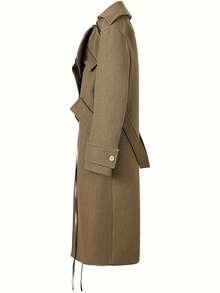Women's Asymmetric Hem Khaki Oversized Coat - Zip Detail Longline Loose Fit Outerwear - 褐色 - 查看 3