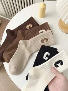 5 pares de medias de mujer de unicolor negro/blanco/marrón/gris/beige/transparente - Diseño con logotipo C, estilo de leggings con mordedura de tiburón, gruesas y cálidas para el invierno, adecuadas para vestidos largos, pantalones y leggings - Lavables a máquina, múltiples opciones de color - Estética minimalista, textura suave - Multicolor - Ver 2