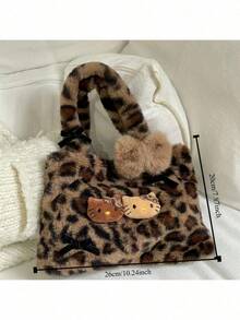 Sanrio Hello Kitty Plush Leopard Print Handbag, Y2K Baddie Cute Leopard Wallet, Minimalist Tote Bag For Outdoor, Retro Plush Commuter Bag, Bohemian Style, Easter, Mother's Day, Valentine's Day, New Year, Birthday Gift, Party Favor, Graduation Memento, Graduation Season Bag
