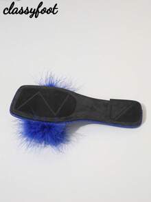 1 Pair Women Blue Faux Leather Fluffy Decor Slip-On Flat Slippers, Non-Slip, Fashionable For Home/Party,Spring Summer Outfits - Blue - View 8
