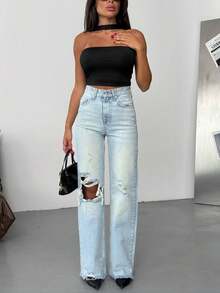 SQUALO Women's Wide Leg Color With Pocket Details Destroyed Retro Washed Street Style Jeans Ripped And Cutout Wide Leg Jeans - Baby Blue - View 2